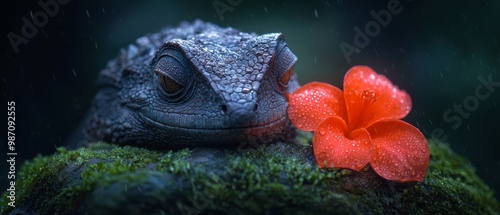  A tight shot of a lizard perched on a rock, a nearby flower in sharp focus in the foreground Raindrops cascade down, creating a translucent veil photo