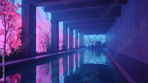 A serene corridor with a reflective waterway  illuminated by vibrant pink and blue lighting  creating a tranquil and modern atmosphere.