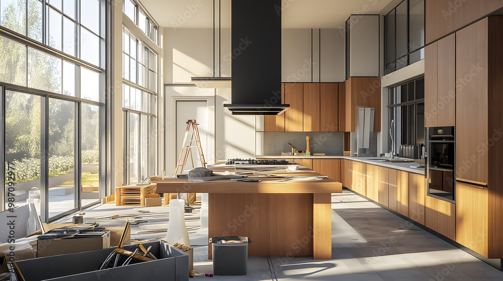large modern kitchen construction renovation wooden cabinets ...
