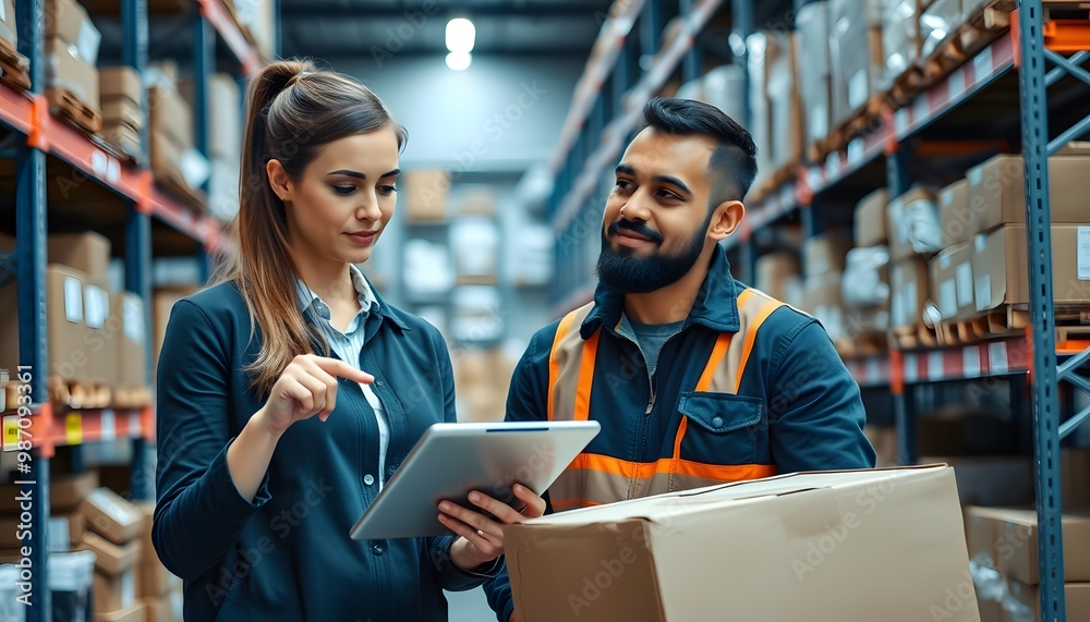 Woman and Man in a Warehouse Checking an Order on a Tablet Woman and Man in a Warehouse Checking an Order on a Tablet
