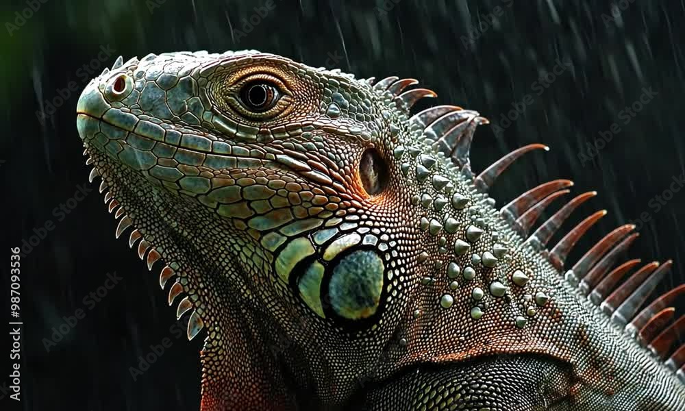 A close-up of an iguana's head with raindrops, showcasing its textured skin and vibrant colors. A close-up of an iguana's head with raindrops, showcasing its textured skin and vibrant colors.