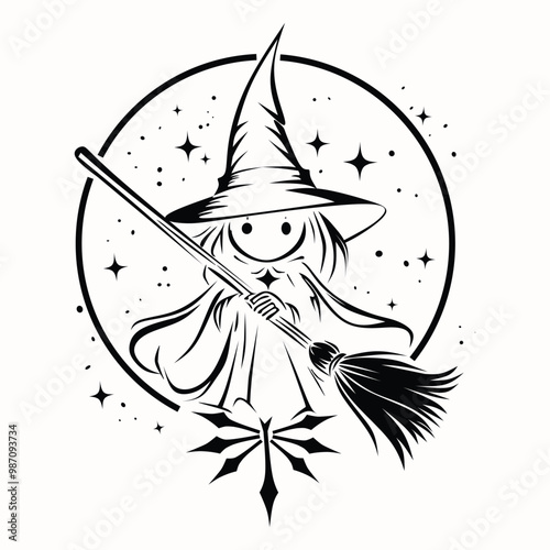Gravik logo silhouette of cute little witch carrying a broom with a hat on Hallwoen's Day
