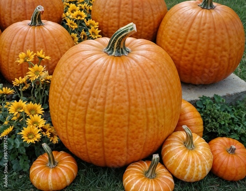 Harvest pumpkins surrounded by yellow flowers in a garden setting