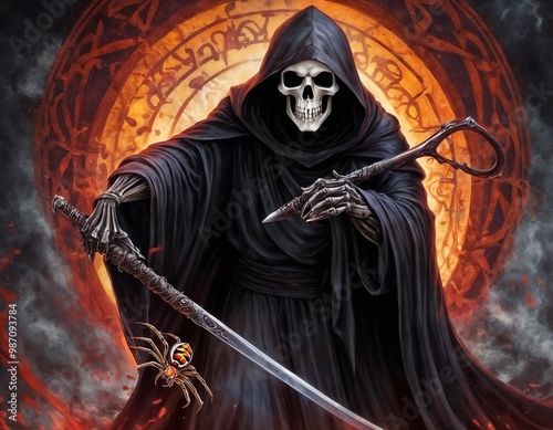 Death with a scythe and a spider in a dramatic dark fantasy setting 