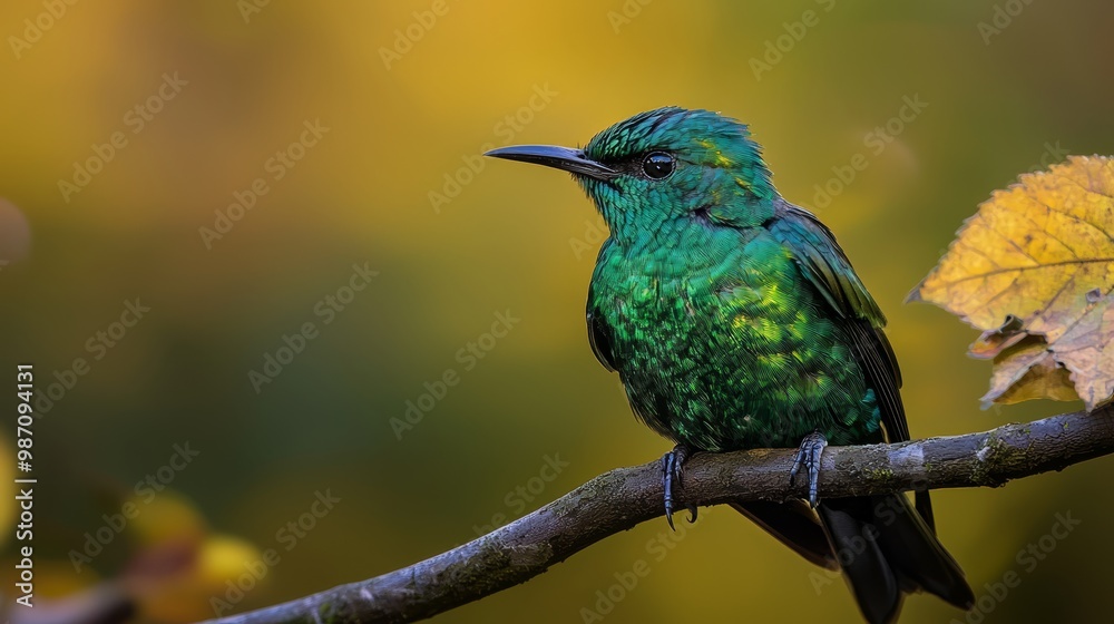 A green bird atop a branch, nestled between green and yellow leaves Tree behind, similarly hued, with leaf-covered branch against a green and yellow backdrop A green bird atop a branch, nestled between green and yellow leaves Tree behind, similarly hued, with leaf-covered branch against a green and yellow backdrop