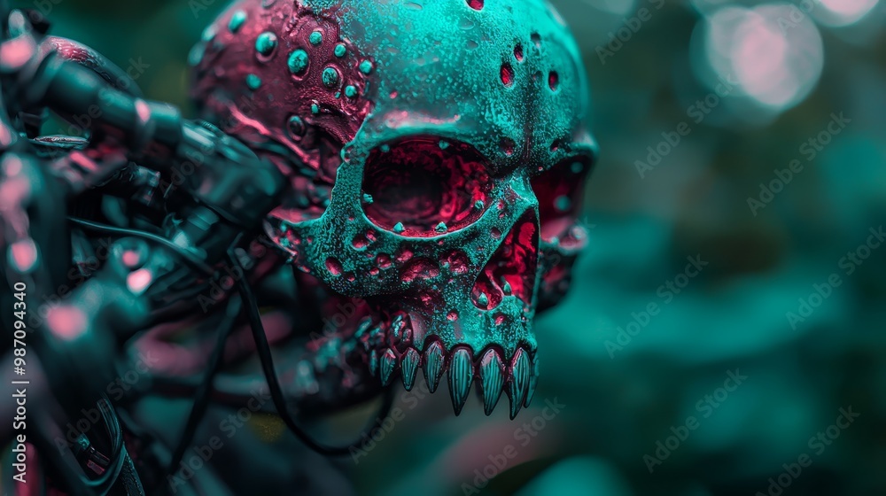 A tight shot of a bicycle adorned with a skull decoration on its frame, and wires connected to the handlebars A tight shot of a bicycle adorned with a skull decoration on its frame, and wires connected to the handlebars