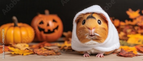 Guinea pig in a ghost costume with a spooky background, ghost guinea pig, adorable Halloween rodent