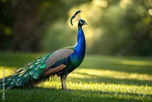 Peacock stand on grass, ai