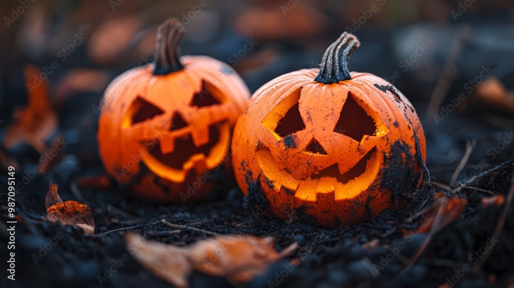 Two carved jack-o'-lanterns atop a mound of decayed leaves Two carved jack-o'-lanterns atop a mound of decayed leaves