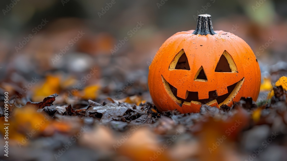 A jack-o-lantern pumpkin rests atop a mound of autumn leaves on a crisp fall day A jack-o-lantern pumpkin rests atop a mound of autumn leaves on a crisp fall day