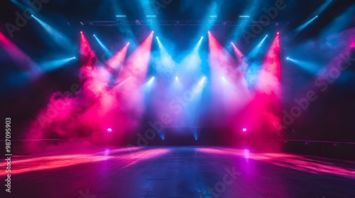 A vibrant stage illuminated with colorful lights and smoke, creating a dynamic atmosphere for a performance or event.