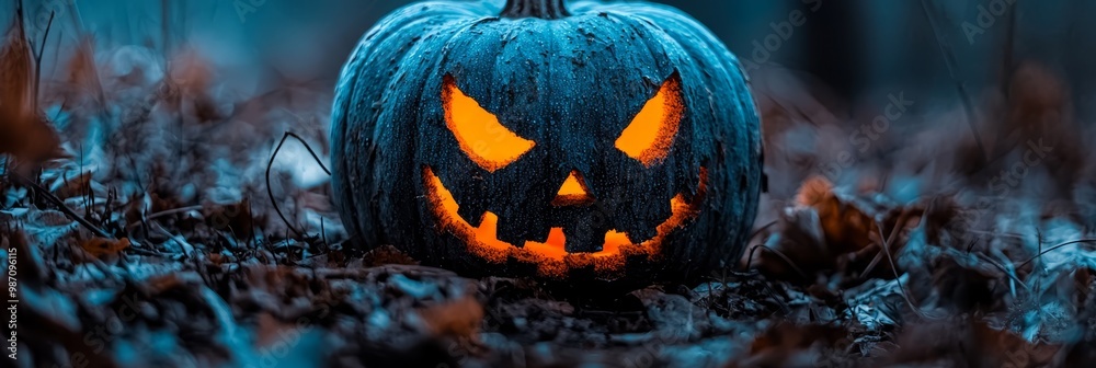 A jack-o-lantern pumpkin sits in the heart of a grassy field, its face aglow A jack-o-lantern pumpkin sits in the heart of a grassy field, its face aglow