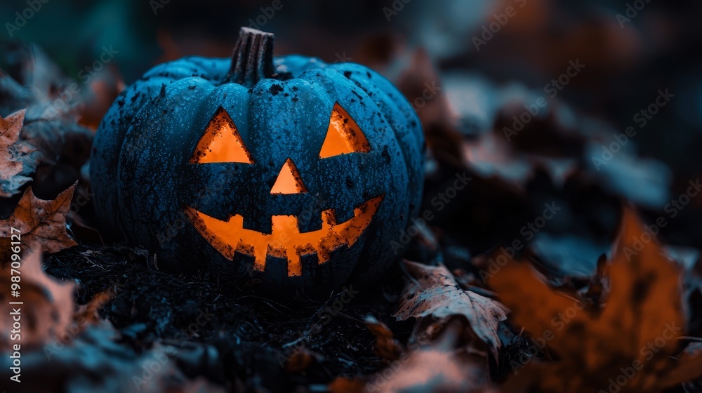 A jack-o-lantern atop a leafy mound, amidst a vast sea of autumnal foliage A jack-o-lantern atop a leafy mound, amidst a vast sea of autumnal foliage