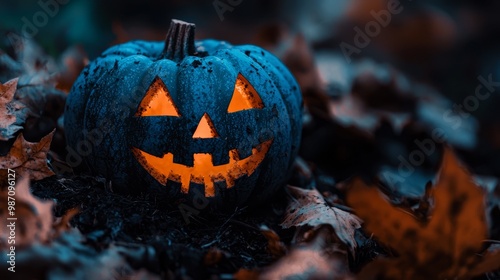  A jack-o-lantern atop a leafy mound, amidst a vast sea of autumnal foliage