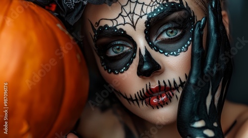  A tight shot of a woman's face adorned with makeup and an intricate spider web design, overlapping her features A pumpkin sits prominently nearby