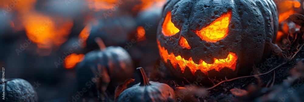 A collection of jack-o-lanterns atop a verdant grass field, illuminated by orange lights A collection of jack-o-lanterns atop a verdant grass field, illuminated by orange lights