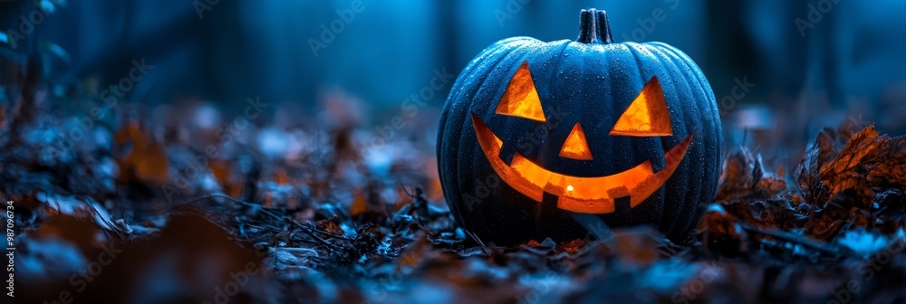 A jack-o-lantern pumpkin sits in a leafy area against a blue sky background A jack-o-lantern pumpkin sits in a leafy area against a blue sky background