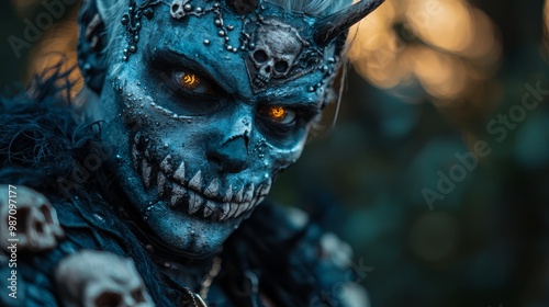  A tight shot of an individual wearing a blue makeup and intricately designed horned headdress adorned with skulls