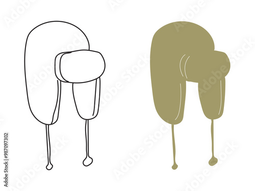 Hand drawn toon styled (doodle maybe) cap in two versions: outline (linear) and colored silhouette (with few stripes). beauty, fashion, clothes, wear. Lifestyle. Object. Vector illustration.