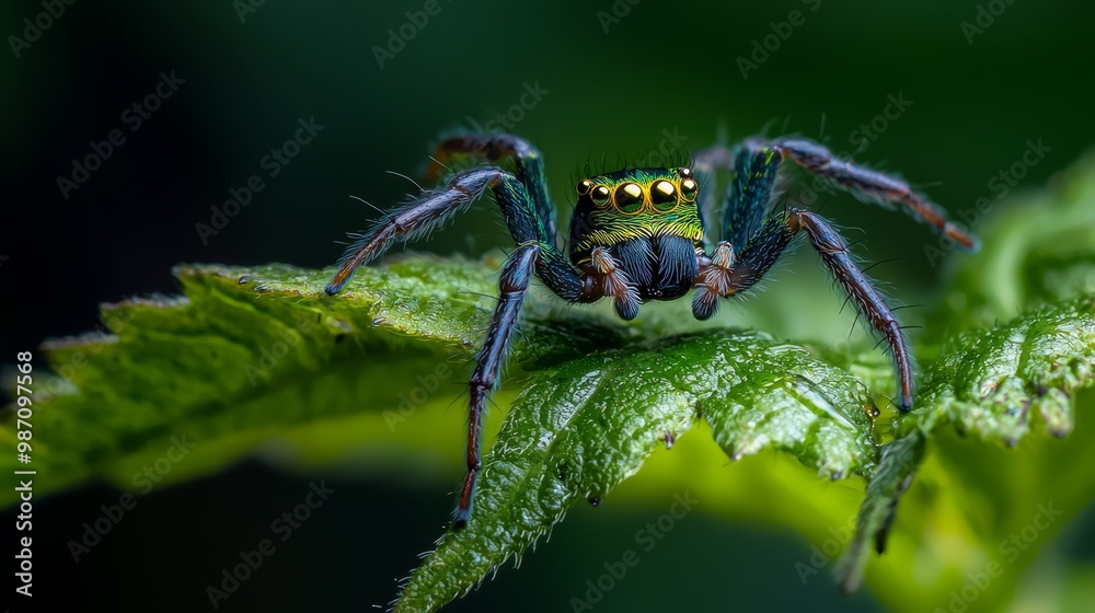 A tight shot of a spider on a verdant leaf Its face boasts two large, vibrant yellow eyes Additionally, it bears smaller eyes at the base of its head A tight shot of a spider on a verdant leaf Its face boasts two large, vibrant yellow eyes Additionally, it bears smaller eyes at the base of its head