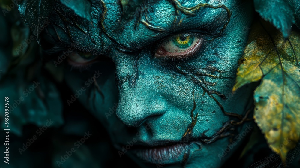 A close-up of a woman's face, adorned with green makeup and surrounded by leaves, lies a solitary leaf behind her A close-up of a woman's face, adorned with green makeup and surrounded by leaves, lies a solitary leaf behind her