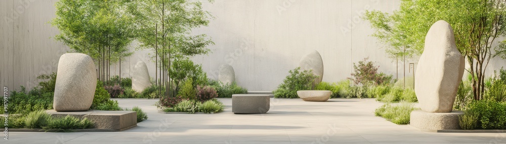 Fototapeta premium A serene outdoor space featuring natural stones, lush greenery, and peaceful landscaping for relaxation and contemplation.
