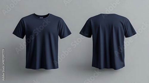 A simple navy t-shirt displayed from the front and back, set against a muted background, highlighting its clean design and fit. photo