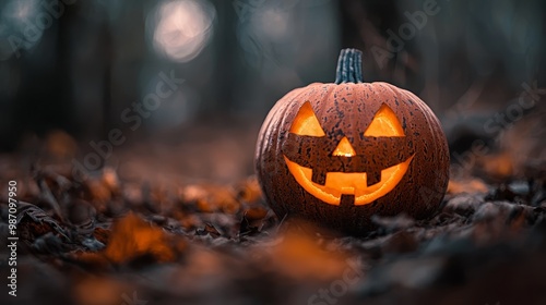  A jack-o-lantern carved from pumpkin sits centrally among a leafy scene, surrounded by fallen leaves and trees in the background