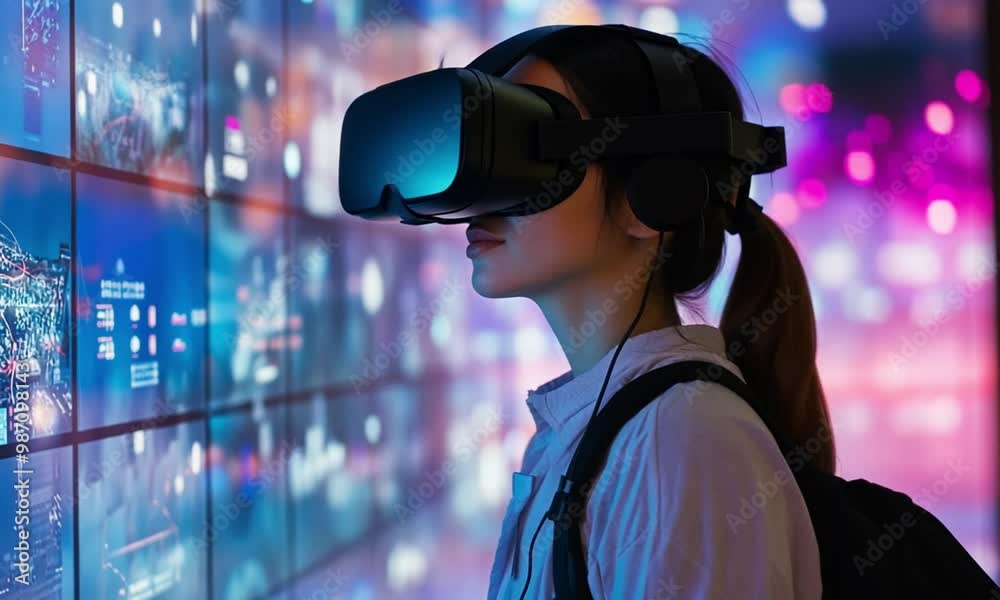 A person wearing a VR headset, immersed in a colorful digital environment. A person wearing a VR headset, immersed in a colorful digital environment.