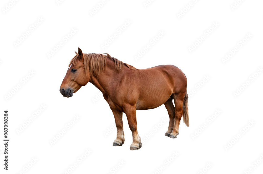 The image shows a brown horse standing alone in a white background. The horse is facing the camera. The image shows a brown horse standing alone in a white background. The horse is facing the camera.