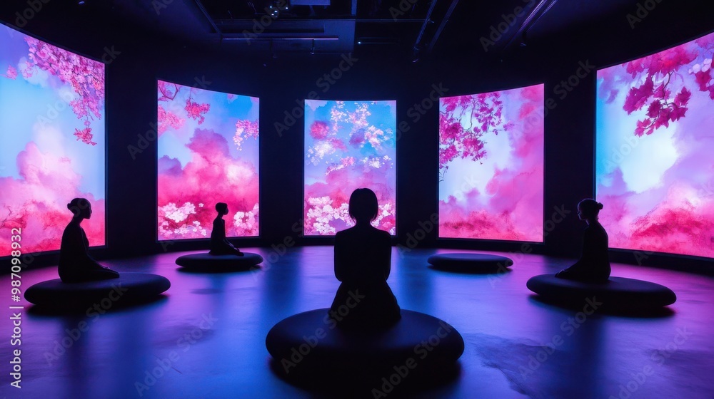 A serene space featuring silhouettes meditating in front of vibrant, illuminated screens displaying colorful abstract visuals. A serene space featuring silhouettes meditating in front of vibrant, illuminated screens displaying colorful abstract visuals.