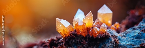  A cluster of tiny crystals atop blue-orange stone, moss emergent photo