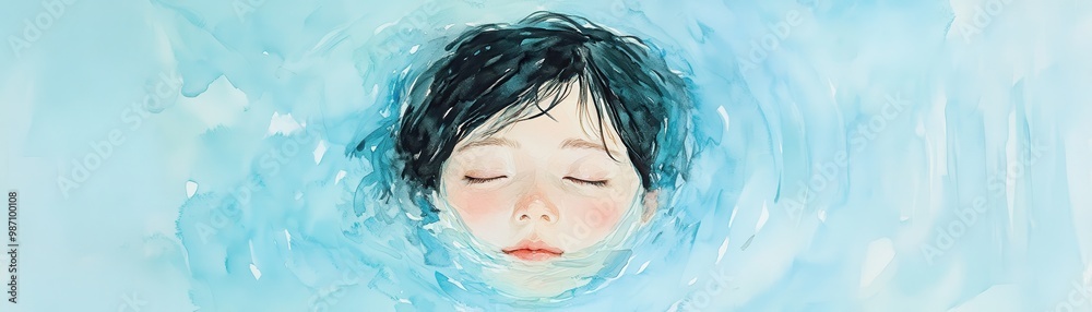 A serene watercolor illustration of a child floating peacefully in water, evoking tranquility and innocence. A serene watercolor illustration of a child floating peacefully in water, evoking tranquility and innocence.
