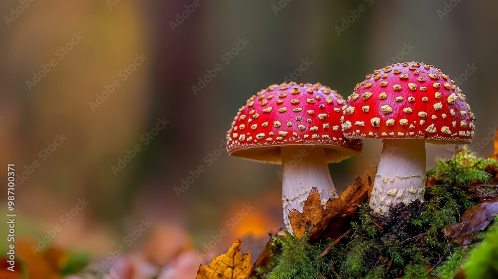 A few red mushrooms atop a verdant forest, carpeted in abundant yellow and scarlet leaves A few red mushrooms atop a verdant forest, carpeted in abundant yellow and scarlet leaves