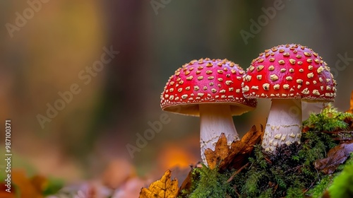  A few red mushrooms atop a verdant forest, carpeted in abundant yellow and scarlet leaves