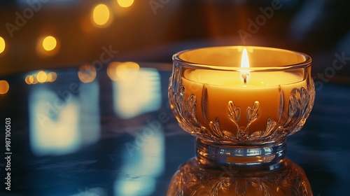 A close-up of the warm glow of a scented candle in a decorative glass holder, casting reflections on a nearby surface photo