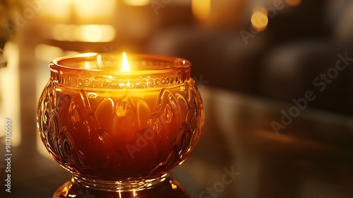 A close-up of the warm glow of a scented candle in a decorative glass holder, casting reflections on a nearby surface