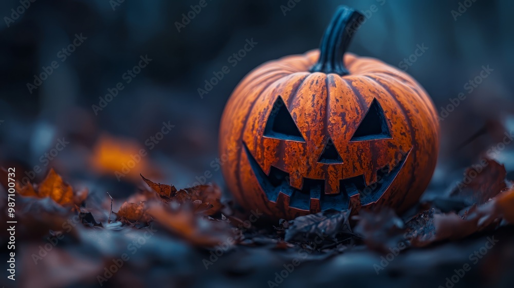 A jack-o-lantern atop a mound of leaves, beside a leafy expanse with autumnal foliage scattered beneath A jack-o-lantern atop a mound of leaves, beside a leafy expanse with autumnal foliage scattered beneath