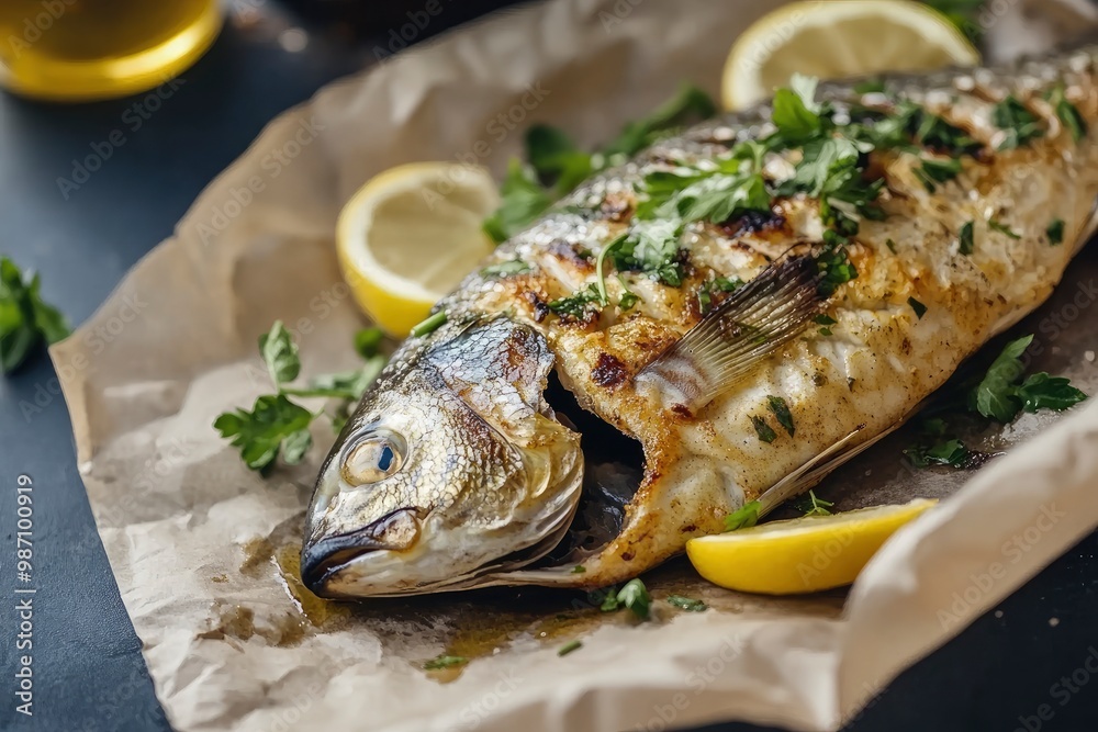 Grilled fish - dorado with herbs on the desk , ai Grilled fish - dorado with herbs on the desk , ai
