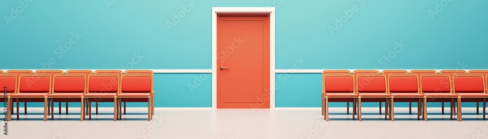 A vivid waiting area featuring colorful chairs and a bold orange door against a light blue wall, perfect for modern design. A vivid waiting area featuring colorful chairs and a bold orange door against a light blue wall, perfect for modern design.