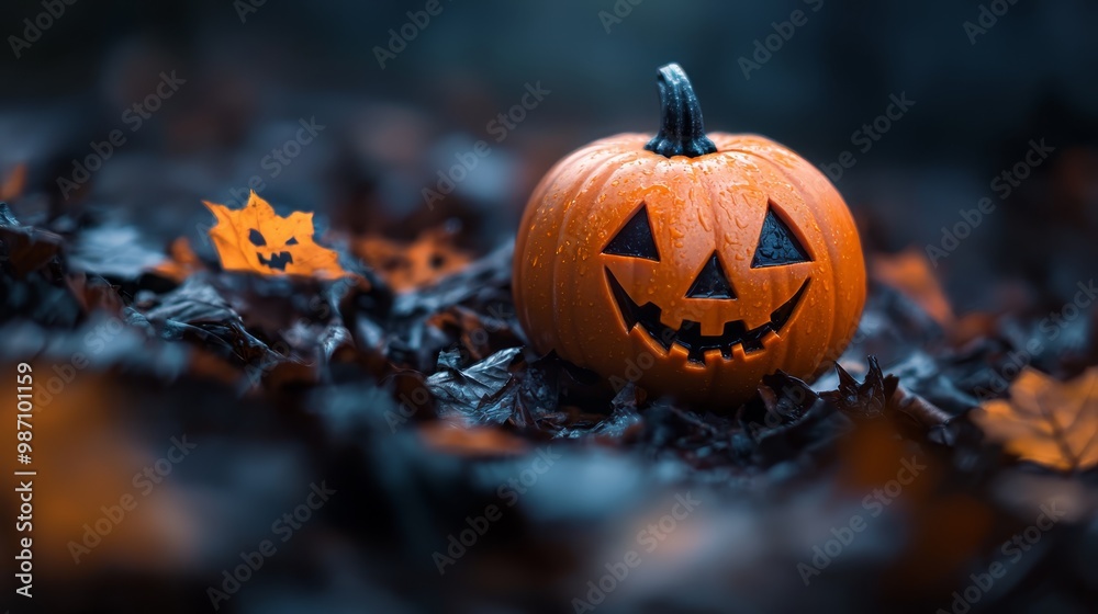  A Jack-o-lantern pumpkin atop a stack of leaves, surrounded by additional pumpkins