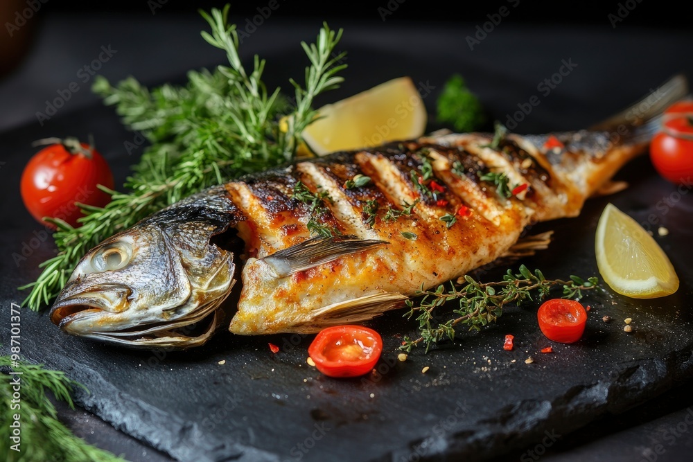 Grilled fish - dorado with herbs on the desk , ai Grilled fish - dorado with herbs on the desk , ai