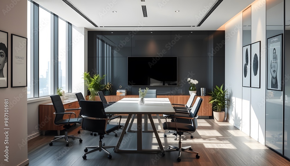 Modern Office Meeting Room with a Large Window and City View Modern Office Meeting Room with a Large Window and City View