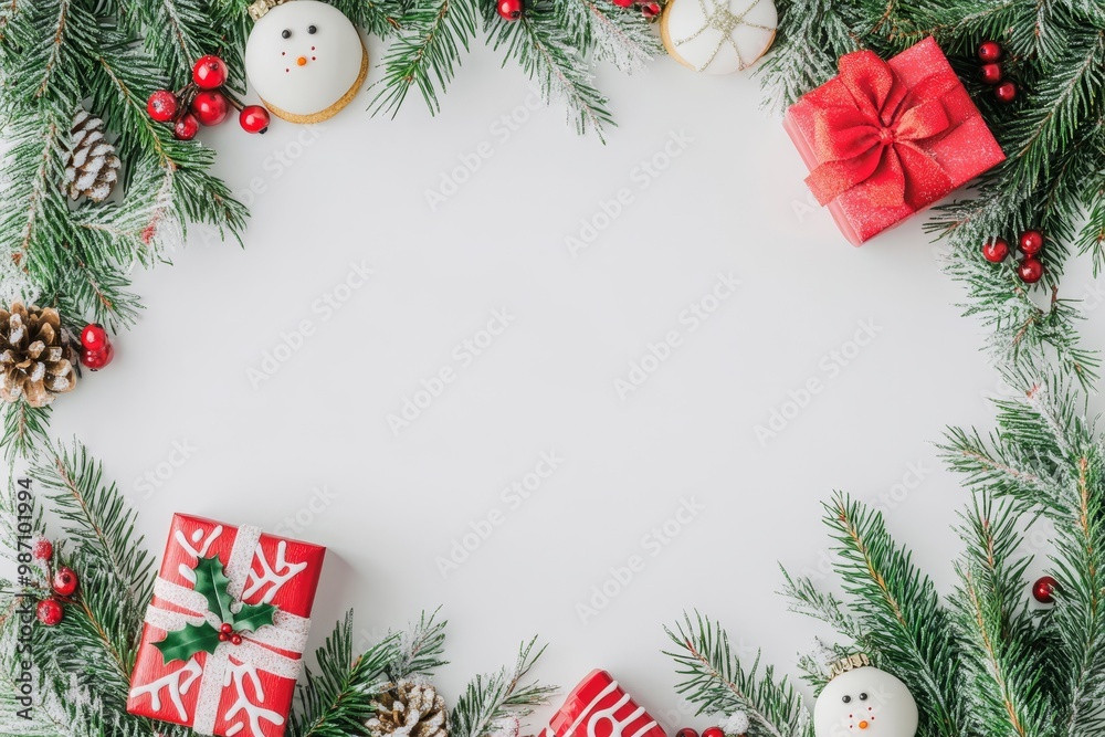 Festive holiday arrangement featuring decorated gifts, cookies, and natural greens creating a joyful Christmas atmosphere Festive holiday arrangement featuring decorated gifts, cookies, and natural greens creating a joyful Christmas atmosphere