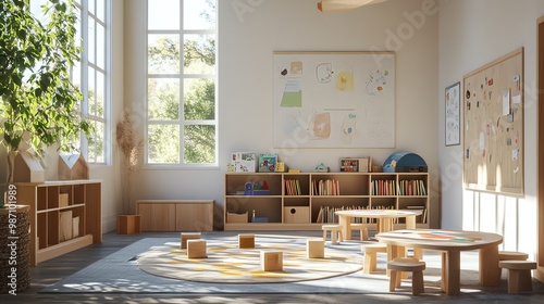 A bright and airy playroom with a large window, wooden shelves filled with books, and a cozy play area with a round rug and colorful blocks.