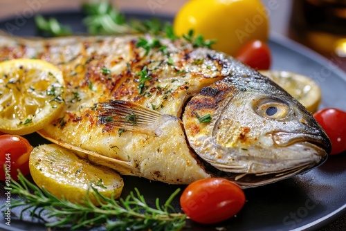 Grilled fish - dorado with herbs on the desk , ai