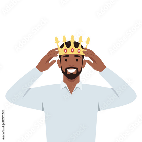 Business man King wearing Golden Crown. Flat vector illustration isolated on white background