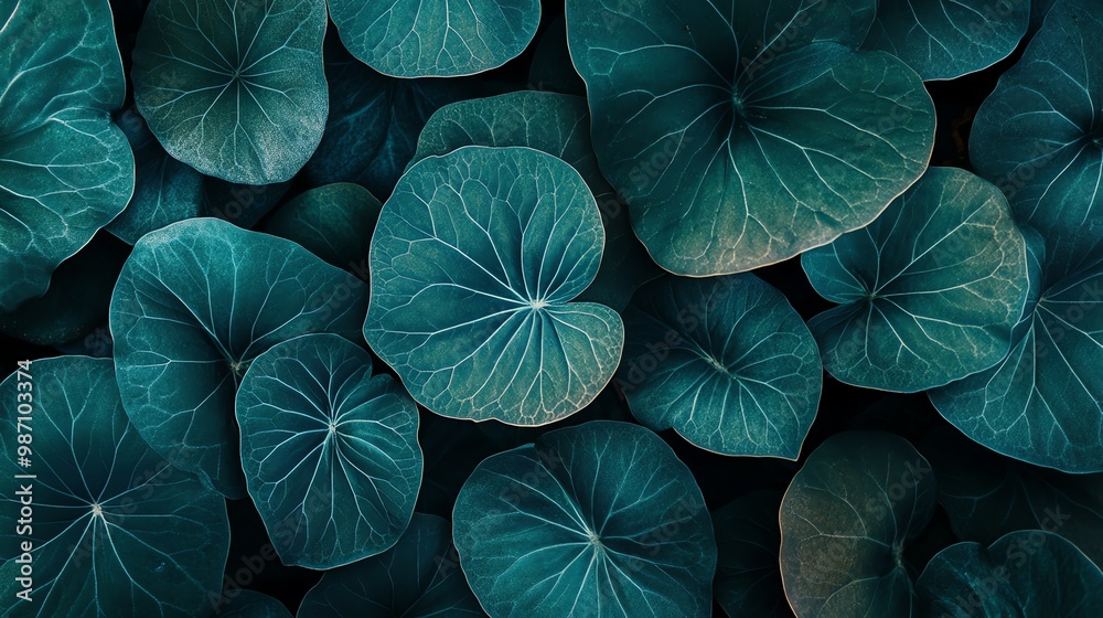 custom made wallpaper toronto digitalA close-up of lush green leaves, showcasing intricate veins and textures. The dark background creates a sense of depth and mystery.