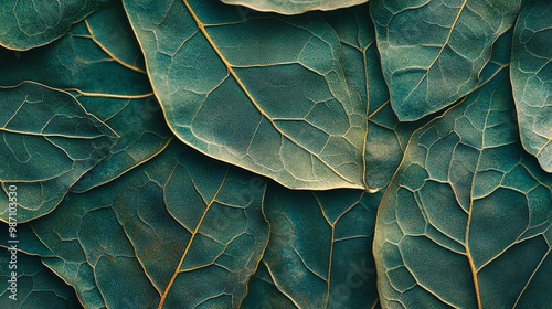 A close-up of green leaves, their veins highlighted in gold, creating a beautiful and intricate pattern.