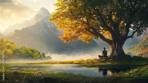 Malowniczy krajobraz o wschodzie słońca, gdzie medytująca osoba siedzi w pozycji lotosu pod rozłożystym drzewem bodhi. © Sawyer0